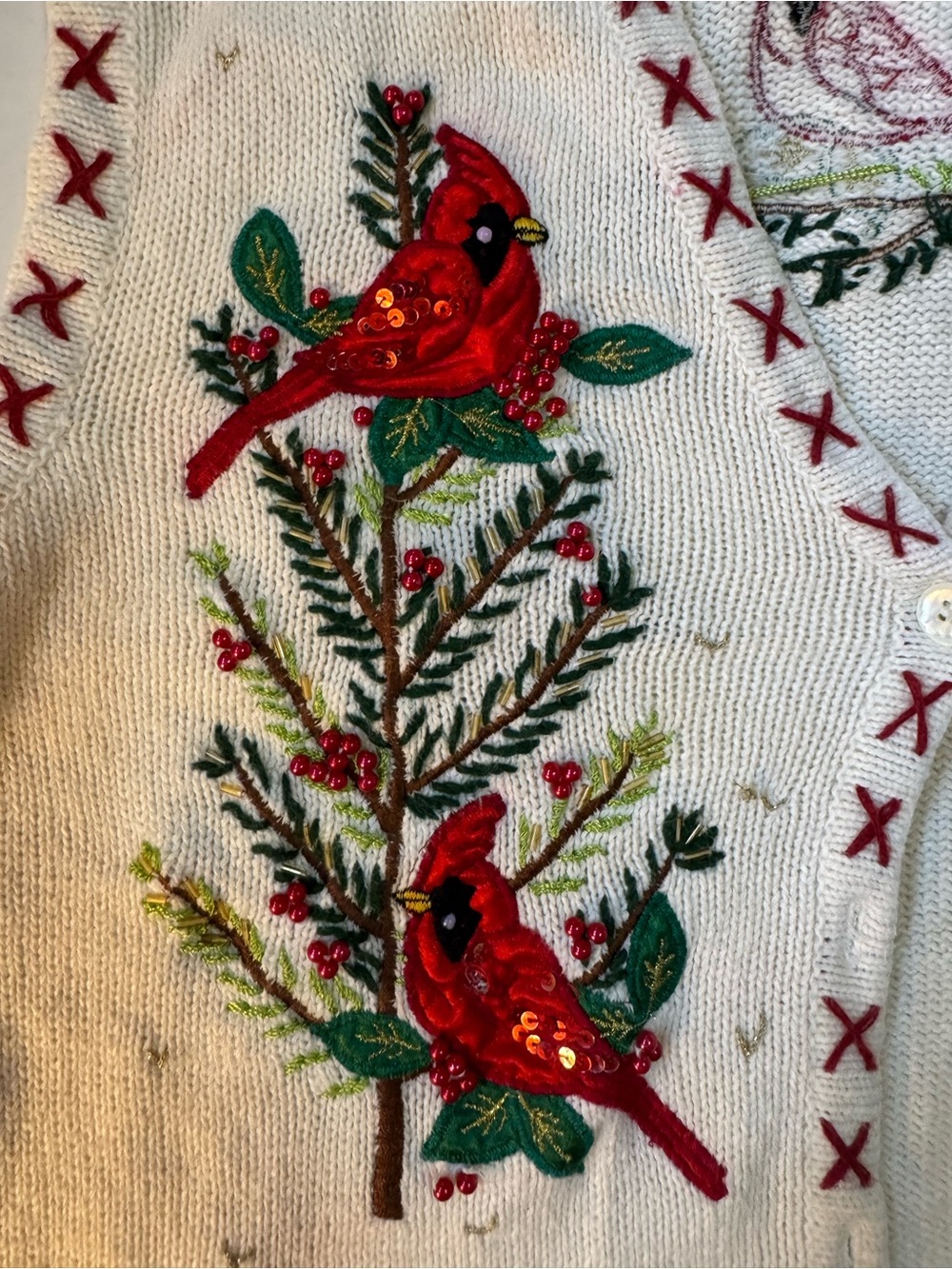 Bobbie Brooks White Embroidered Cardinal & Pinecone V-Neck Sweater Vest - Picture 9 of 13